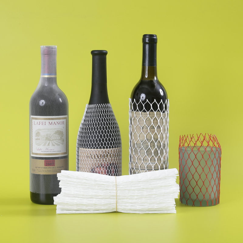 Schützende Flaschennetzhülle mit Schrumpfnetzfolie für die Verpackung von Weinflaschen